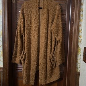 Tickled Teal Caramel Fuzzy Long Cardigan